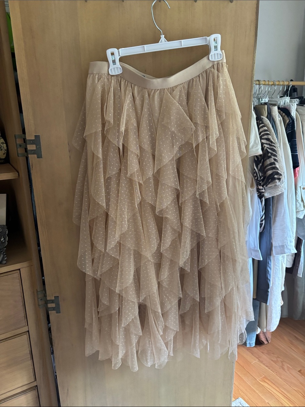 WD.NY Beige Layered Ruffle Tulle Maxi Skirt